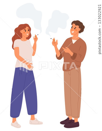 Young man and woman smoke cigarettes with tobacco or electronic ciggies. Unhealthy lifestyle. Nicotine addiction. Smoker with e-cig vaporizer. People inhaling cigar fume. Vector concept 133022921