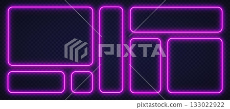 Bright pink neon frames with rounded corners on a transparent background. Futuristic glowing layout ideal for interfaces, web design, or digital templates. 133022922