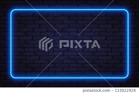 Glowing blue neon frame on a dark brick wall creates a modern futuristic atmosphere. Perfect for digital ads, posters, or stylish presentations. Glowing blue neon frame on a dark brick wall creates a modern futuristic atmosphere. Perfect for digital ads, posters, or stylish presentations. 133022928
