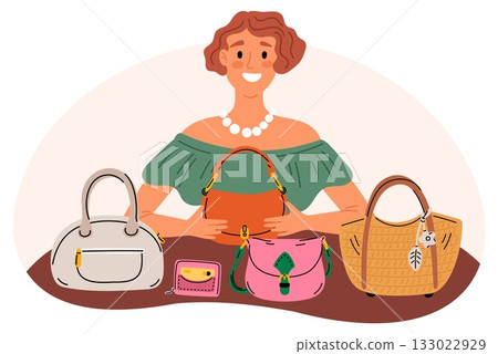 Young woman selling handbags. Shop marketing. Female with leather handmade products. Fashion accessory. Seller at counter. Glamour tote or couch. Saleswoman showing clutch. Vector concept 133022929