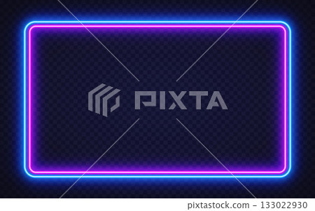 Vibrant purple and blue neon frame glowing on a dark brick wall. The stylish contrast gives a modern, nightlife-inspired atmosphere perfect for ads and digital projects. 133022930