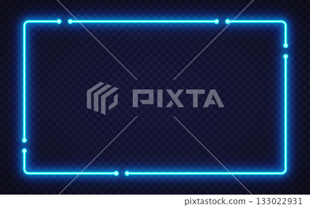 Blue neon glowing frame on a dark background, great for cyberpunk visuals or bold graphic compositions. 133022931