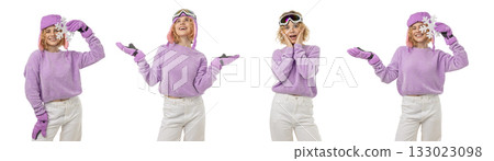 Set, Playful young woman in winter gear, isolated, PNG Set, Playful young woman in winter gear, isolated, PNG 133023098
