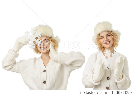 Set, Woman dressed warmly holding snowflake decorations, isolated, PNG Set, Woman dressed warmly holding snowflake decorations, isolated, PNG 133023099