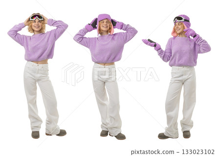 Set, Playful woman in purple ski gear and white pants, isolated, PNG 133023102
