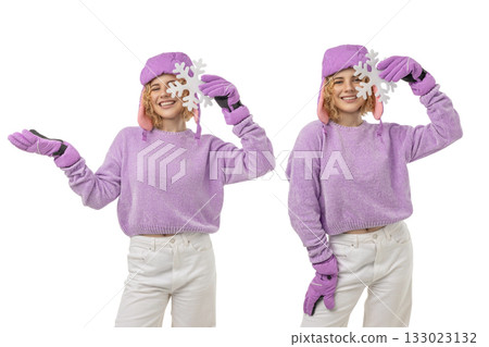 Set, Woman in winter clothing holding snowflake, isolated, PNG Set, Woman in winter clothing holding snowflake, isolated, PNG 133023132