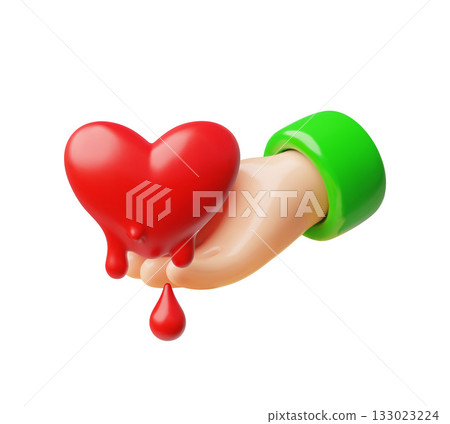 Blood donor hand with heart and drops of blood, transfusion, medical donation 3D cartoon vector concept, health care 133023224