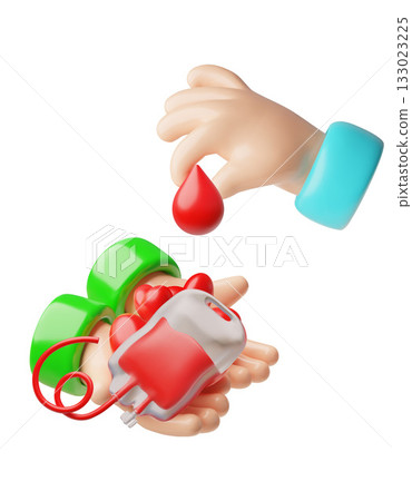 Blood donor hand give drops of blood and transfusion bag, container with cells plasma, 3D vector medicine and donation 133023225