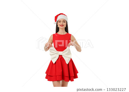 Woman in festive red dress holding white bow with joy, isolated, PNG Woman in festive red dress holding white bow with joy, isolated, PNG 133023227