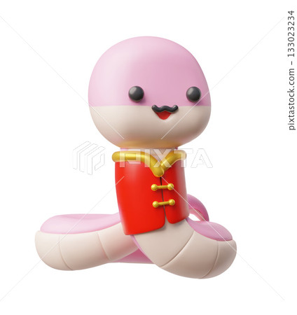 Pink and white color snake with red vest 3D plastic style vector icon, cartoon new year symbol, cute reptile animal toy 133023234