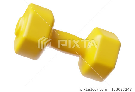 Yellow dumbbell, vector 3D cartoon fitness dumbbell for strength training, sport equipment for weights exercises Yellow dumbbell, vector 3D cartoon fitness dumbbell for strength training, sport equipment for weights exercises 133023248