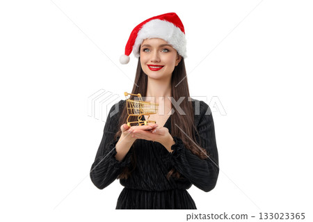 Woman in black dress holds gold shopping cart, isolated, PNG Woman in black dress holds gold shopping cart, isolated, PNG 133023365