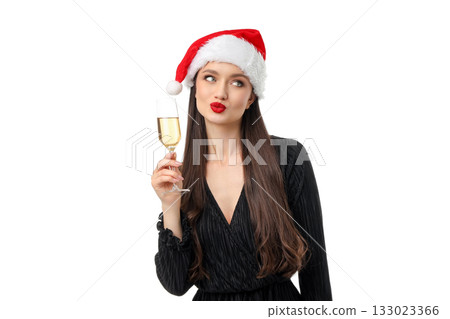 Woman in black dress with Santa hat, holding champagne, isolated, PNG Woman in black dress with Santa hat, holding champagne, isolated, PNG 133023366