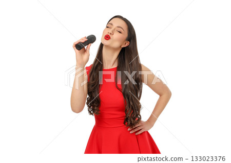 Woman with long hair singing into a microphone, isolated, PNG Woman with long hair singing into a microphone, isolated, PNG 133023376
