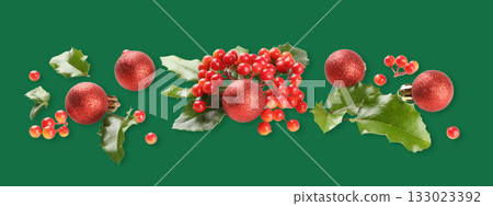 Red ornaments and holly leaves spread a cheerful holiday vibe 133023392