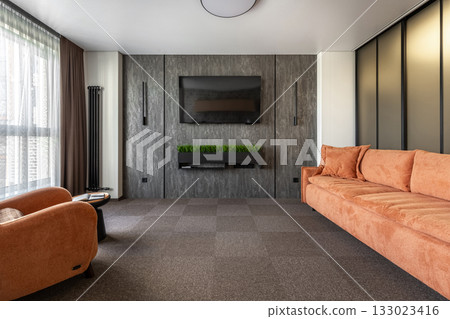Contemporary Living Room with Orange Sofa and Textured TV Wall Contemporary Living Room with Orange Sofa and Textured TV Wall 133023416