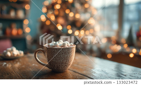 Cozy Christmas morning with a cup of hot cocoa topped with marshmallows on a wooden table and warm tree bokeh Cozy Christmas morning with a cup of hot cocoa topped with marshmallows on a wooden table and warm tree bokeh 133023472