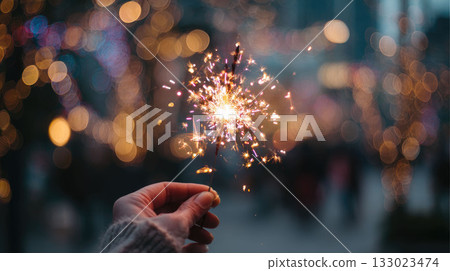 Hand holding a sparkling firework stick (sparkler) against a vibrant, festive bokeh background of city lights at night Hand holding a sparkling firework stick (sparkler) against a vibrant, festive bokeh background of city lights at night 133023474