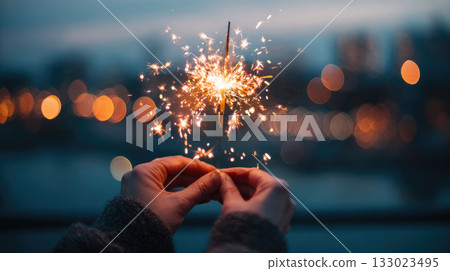 Hands holding a bright burning sparkler against a dark evening sky and festive city lights bokeh background 133023495