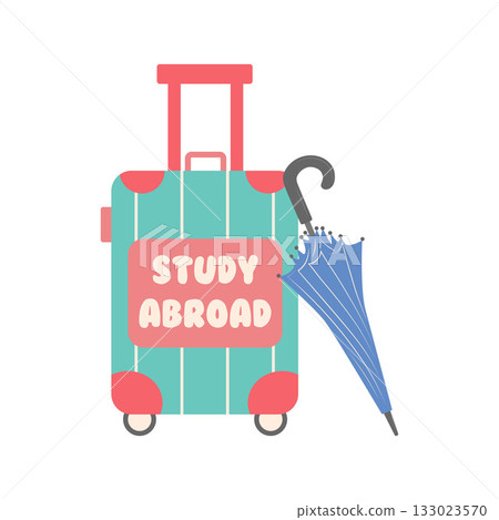 Suitcase on wheels with the inscription stydy abroad and an English umbrella. Study English and travel concept. Suitcase on wheels with the inscription stydy abroad and an English umbrella. Study English and travel concept. 133023570