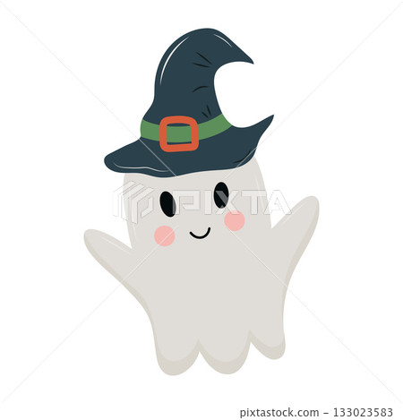 A cute, friendly white ghost character wearing a witch's hat, smiling 133023583