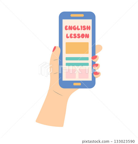Hand holding smartphone with English learning app. English lesson lettering. English online mobile learn concept, learning app. Vector illustration Hand holding smartphone with English learning app. English lesson lettering. English online mobile learn concept, learning app. Vector illustration 133023590
