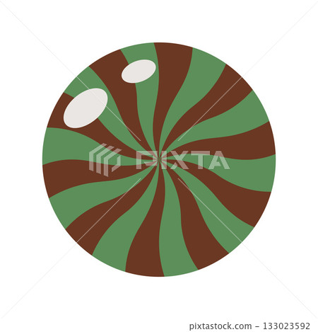 A simple, flat vector illustration of a round Halloween candy or lollipop. It features a classic spiral swirl pattern in spooky brown and green colors A simple, flat vector illustration of a round Halloween candy or lollipop. It features a classic spiral swirl pattern in spooky brown and green colors 133023592