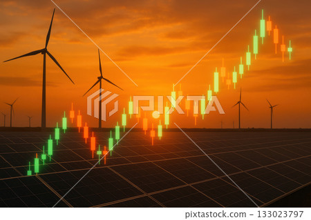 Renewable energy investment is represented in graph showcasing growth against sunset backdrop with wind turbines and solar panels 133023797