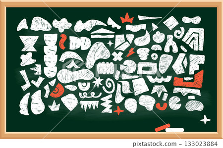 Chalk School Board with Curvature Crayon Freeform set. Abstract White Hand Drawn Shapes, Curls, Geometric Forms, Ink Spot and doodle objects. Isolated textured scrawls. Vector illustration. Not AI 133023884