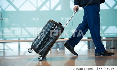 Man in suit pulling a suitcase through an airport terminal 133023946