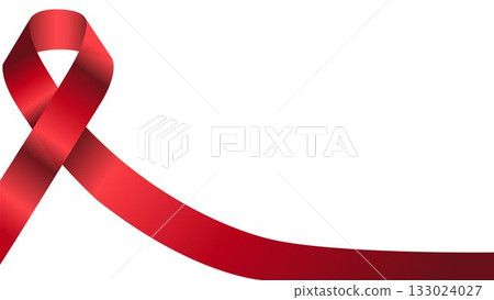 A bold red ribbon, forming a loop and tail, curves across a white background. The ribbon has a gradient of red and subtle line texture, symbolizing awareness 133024027