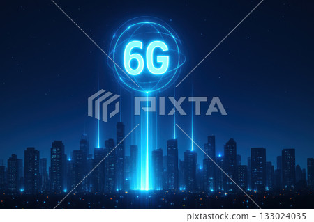 6G Futuristic city skyline illuminated by blue light with prominent 6G symbol, representing advanced technology and connectivity 6G Futuristic city skyline illuminated by blue light with prominent 6G symbol, representing advanced technology and connectivity 133024035