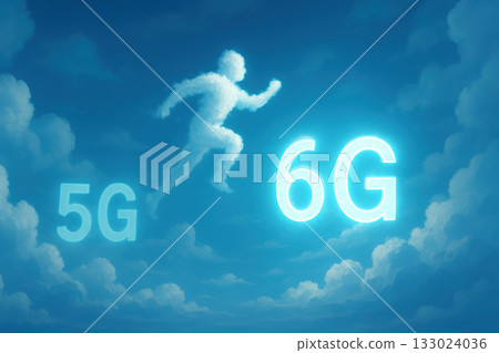 6G Cloud figure running towards future technology, representing 5G and 6G advancements in communication 133024036