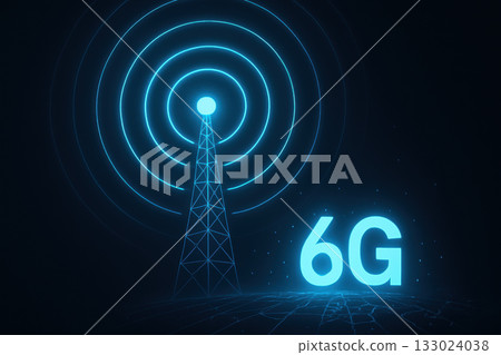 6G futuristic representation of communication tower emitting signals, symbolizing concept of 6G technology. glowing blue elements create modern 133024038