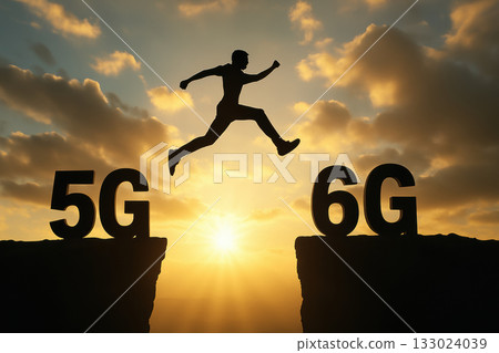 Person leaps between numbers 5G and 6G against dramatic sunset backdrop, symbolizing technological advancement and progress Person leaps between numbers 5G and 6G against dramatic sunset backdrop, symbolizing technological advancement and progress 133024039