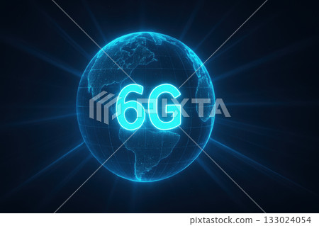 6G Digital globe with glowing 6G text, representing advanced technology and connectivity, showcasing futuristic vision of communication 133024054