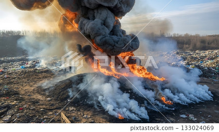 Aerial view of a landfill fire with thick smoke... - Stock Illustration ...