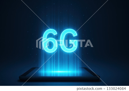 6G 6G technology concept displayed on tablet, showcasing futuristic communication advancements with glowing blue letters 133024084