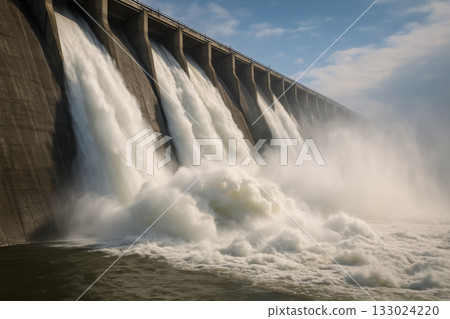 Flood control barrier. Powerful water cascades from dam, creating misty spray and showcasing force of nature 133024220