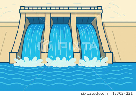 Flood control barrier. Water flows from three large gates of dam, creating splashes as it enters river below. scene captures power and beauty 133024221