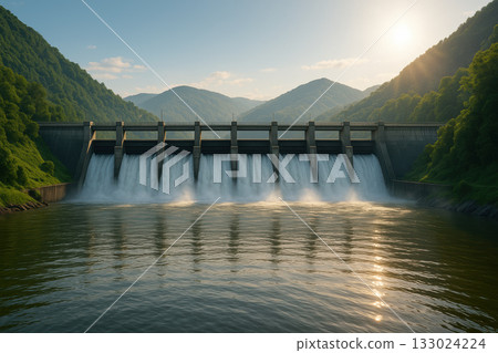 Flood control barrier. serene landscape featuring dam releasing water into calm river, surrounded by lush green mountains and clear sky 133024224