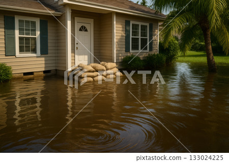 Flood control barrier. Flooded house with sandbags water surrounding home residential area emergency response natural disaster summer season 133024225