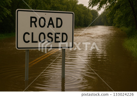 Flood control barrier. Road closed sign near flooded area, indicating danger and disruption caused by heavy rain and rising water levels 133024226