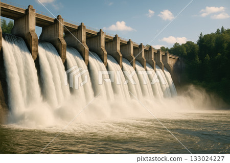 Flood control barrier. large dam with multiple water spillways cascading into river, surrounded by lush greenery and clear blue sky, creates 133024227