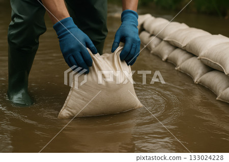 Flood control barrier. person in gloves lifts sandbag from water, preparing for flood control efforts 133024228
