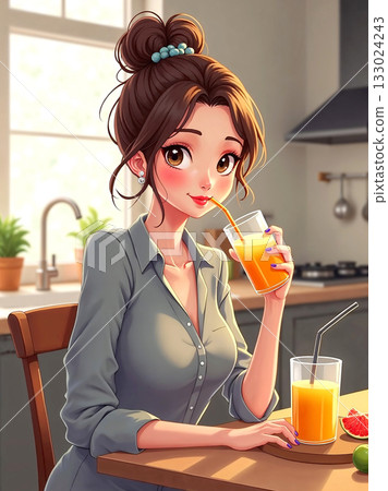 Cute cartoon woman enjoying a refreshing glass of orange juice in the morning kitchen. 133024243