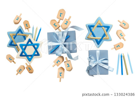 Set, Dreidels, star of David decorations, and gift boxes, PNG 133024386