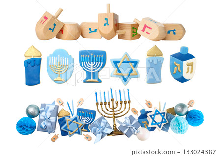 Set, Hanukkah symbols: dreidels, menorahs, and decor, isolated, PNG Set, Hanukkah symbols: dreidels, menorahs, and decor, isolated, PNG 133024387