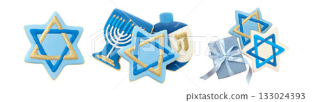 Set, Colorful sugar cookies shaped like stars and a menorah, PNG 133024393