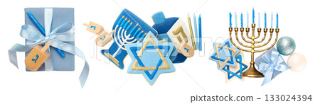 Set, Colorful Hanukkah decor and treats collage, isolated, PNG 133024394